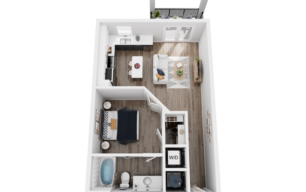 A1A - 1 bedroom floorplan layout with 1 bathroom and 596 square feet