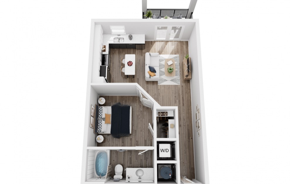 A1A - 1 bedroom floorplan layout with 1 bath and 596 square feet.