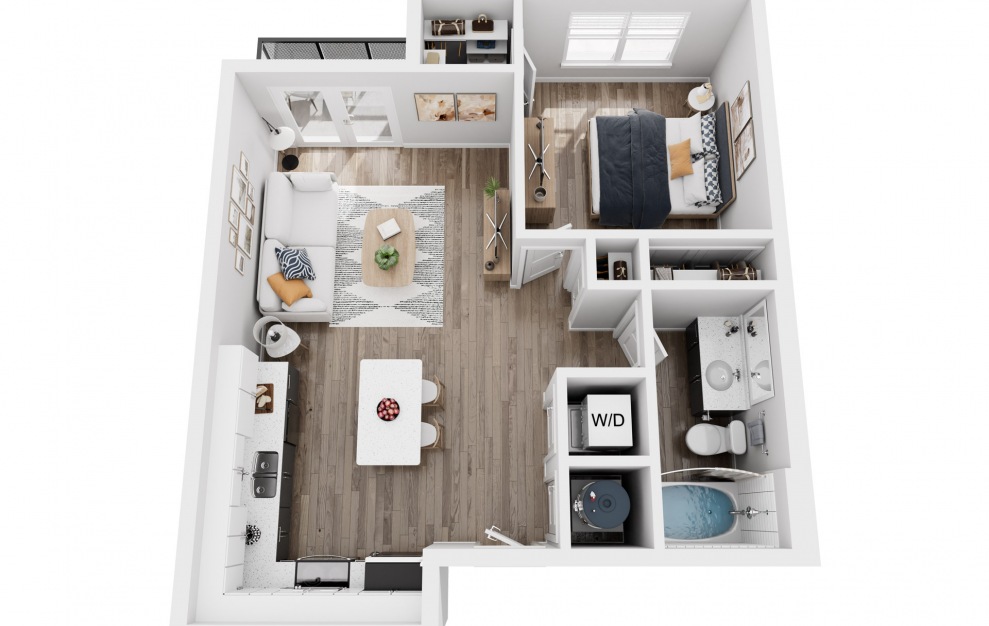 A1B - 1 bedroom floorplan layout with 1 bath and 643 square feet.