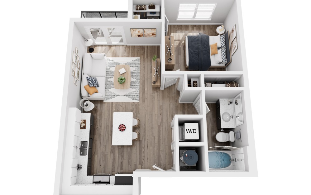 A1B - 1 bedroom floorplan layout with 1 bathroom and 643 square feet