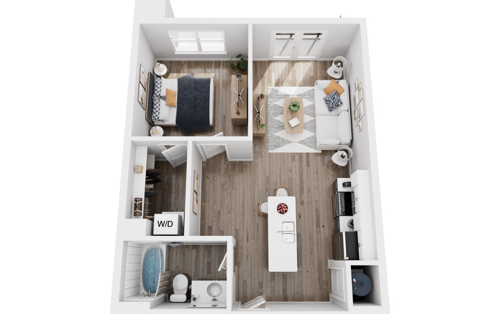 A1D - 1 bedroom floorplan layout with 1 bathroom and 655 square feet