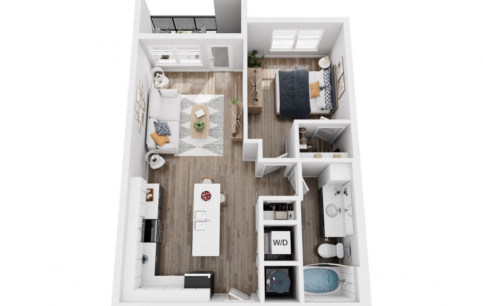 A2 - 1 bedroom floorplan layout with 1 bath and 671 square feet.