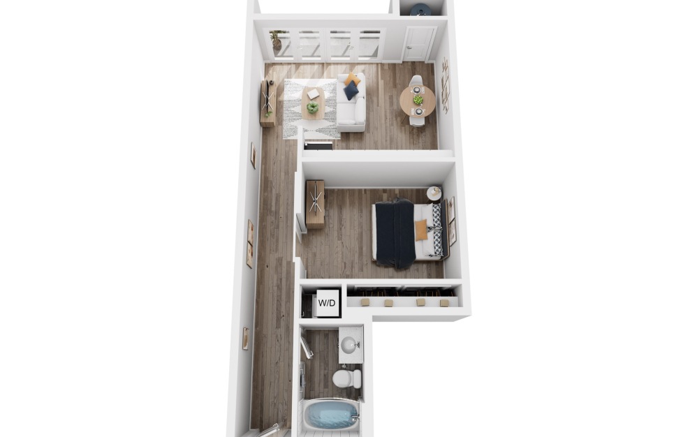 A7 - 1 bedroom floorplan layout with 1 bathroom and 651 square feet