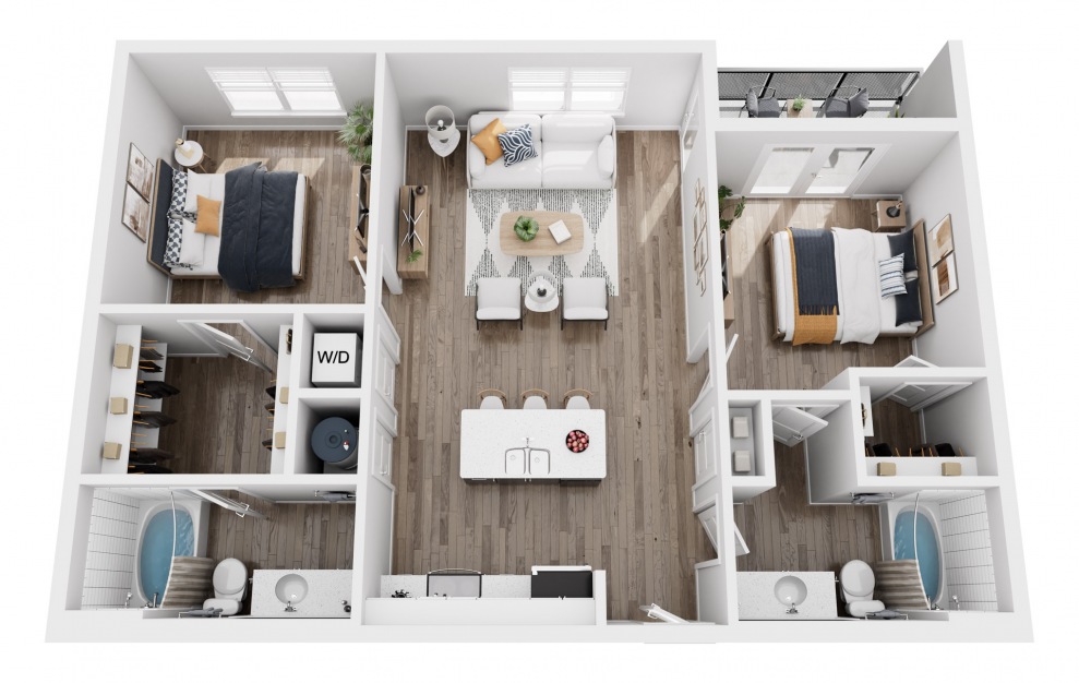B1 - 2 bedroom floorplan layout with 2 baths and 987 square feet.