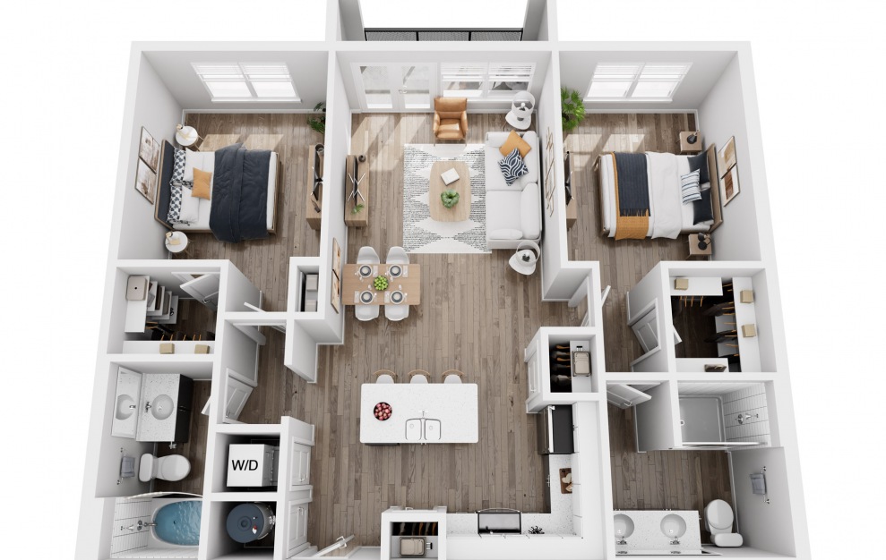 B3 - 2 bedroom floorplan layout with 2 baths and 1072 square feet.