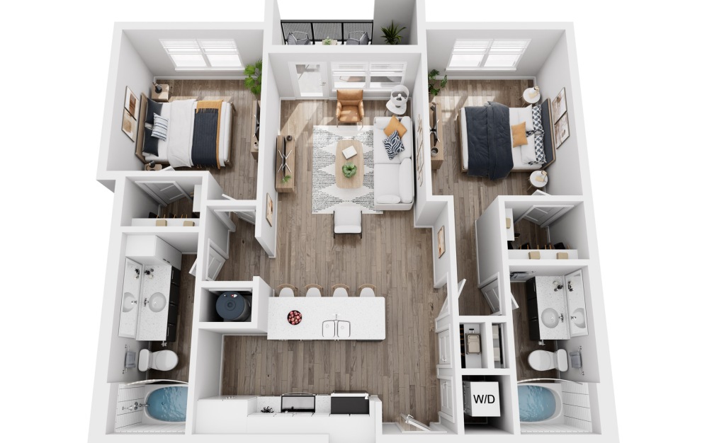 B4 - 2 bedroom floorplan layout with 2 bathrooms and 986 square feet