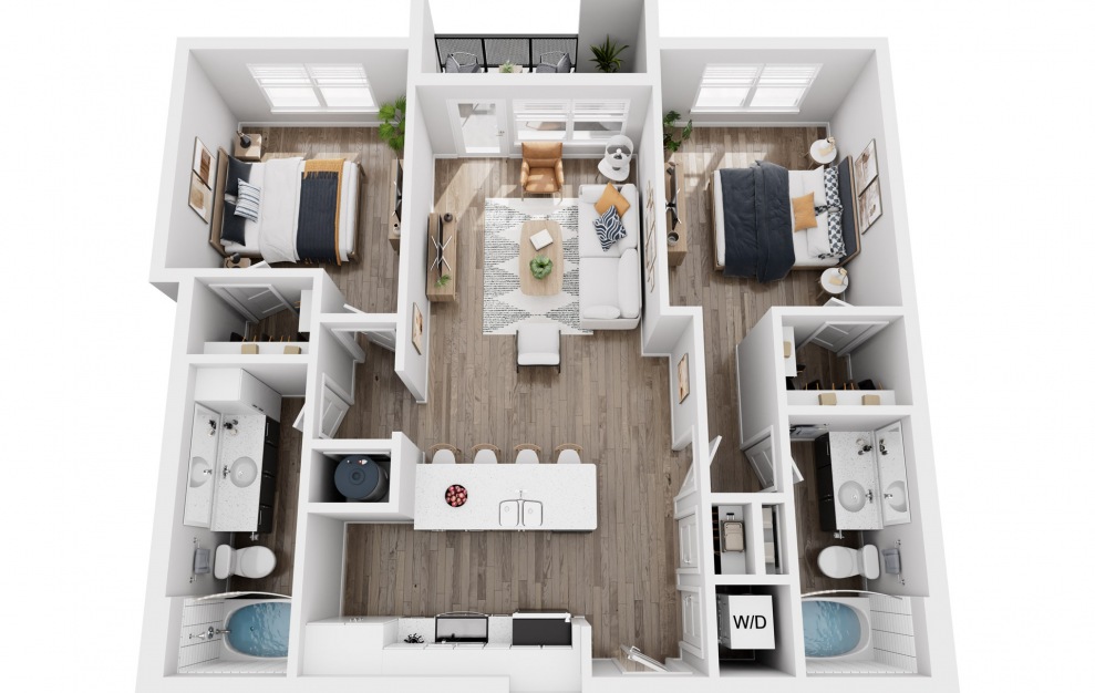 B4 - 2 bedroom floorplan layout with 2 baths and 986 square feet.
