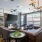 chandelier and large, garage door windows brighten clubhouse lounge